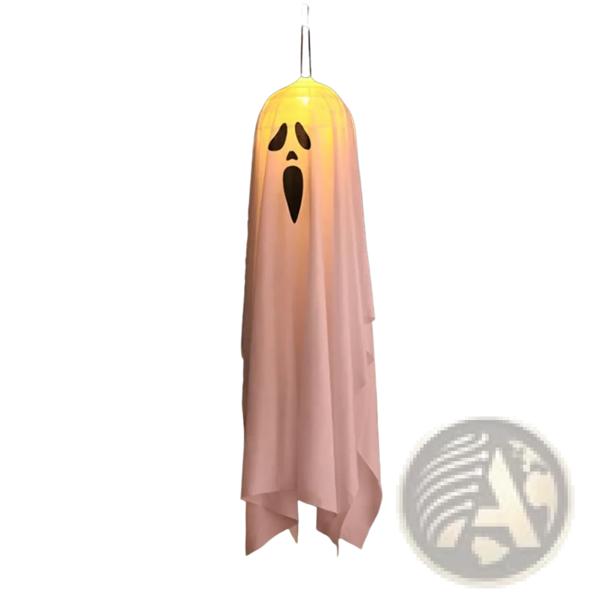 Led hanging ghost halloween decoration featuring a glowing pink ghost-shaped light fixture with a black face design