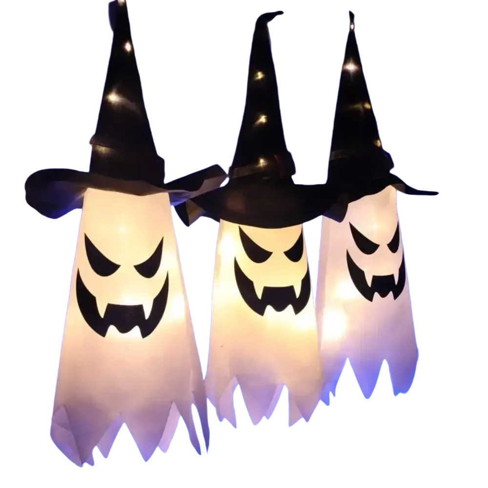 Led hanging ghost halloween decoration featuring three illuminated white lanterns with black witch hats and carved faces