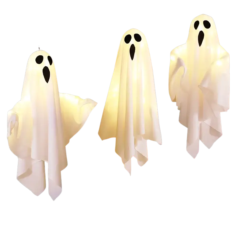 Led hanging ghost halloween decoration showing three glowing white fabric ghosts with black eye and mouth cutouts