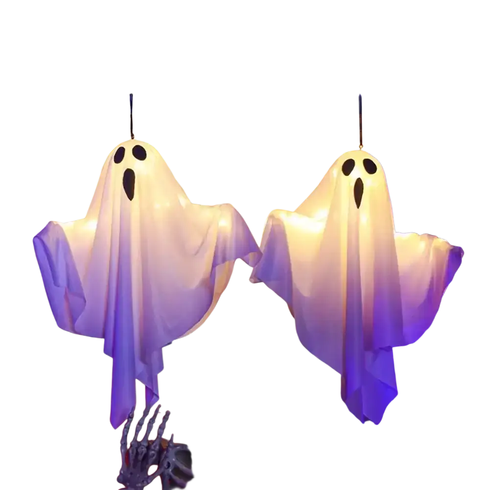 Two glowing translucent purple and white led hanging ghost decorations with black eye and mouth cutouts for halloween