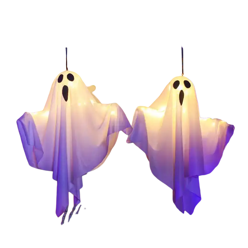 Led hanging ghost halloween decoration with two translucent white ghosts with black eye and mouth cutouts hanging from mantel