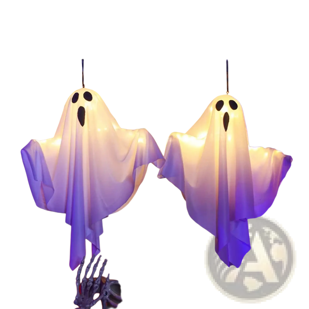 Led hanging ghost Halloween decoration featuring two glowing white fabric ghosts with black eye and mouth cutouts