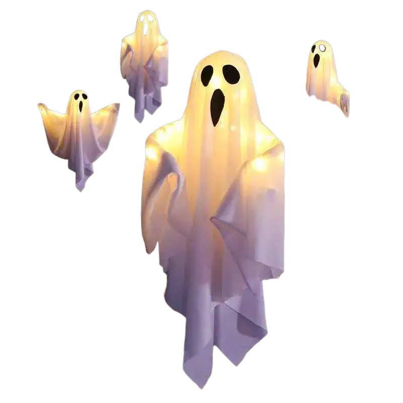 Led hanging ghost halloween decoration glowing white with black cutouts made of lightweight fabric material