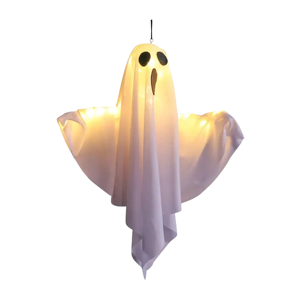 Led hanging ghost halloween decoration glowing white inflatable ghost with black eyes and brown mouth suspended by string