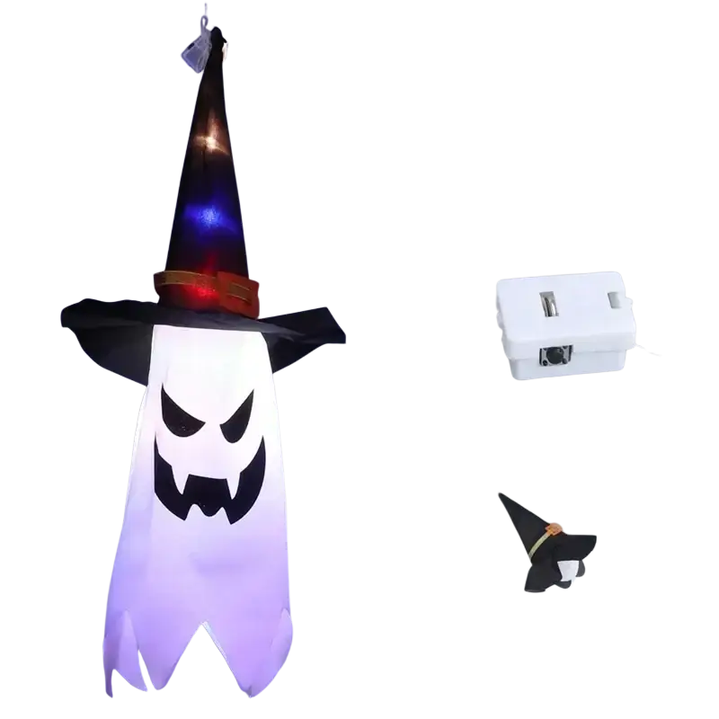 A glowing white inflatable led hanging ghost halloween decoration with a black witch hat and shifting red blue purple lights