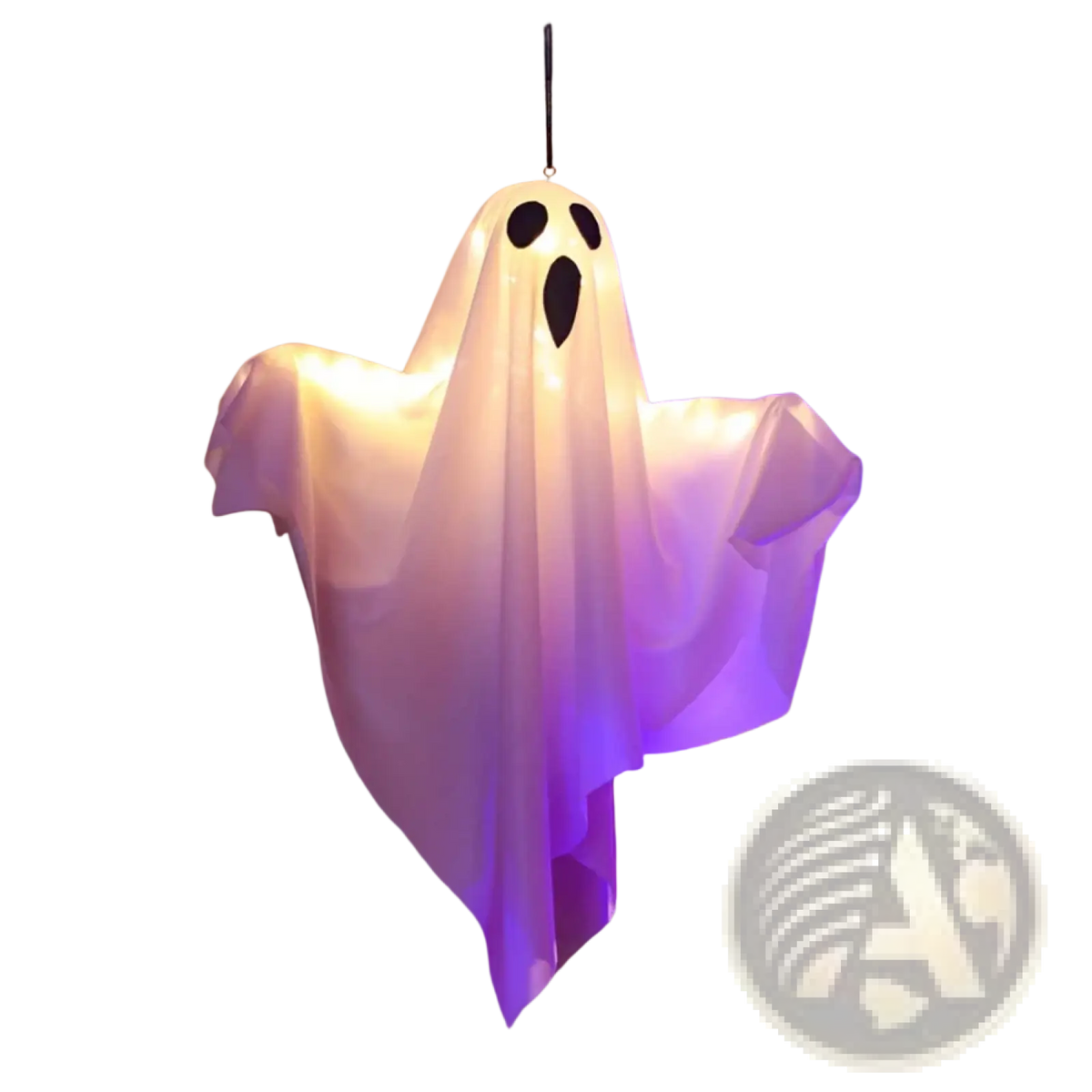 Led hanging ghost halloween decoration with glowing white inflatable ghost featuring black eye and mouth cutouts hanging from string