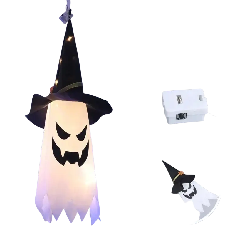 Led hanging ghost halloween decoration featuring a glowing white ghost light with a black witch hat and carved face