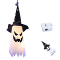 Led hanging ghost halloween decoration featuring a glowing white ghost light with a black witch hat and carved face