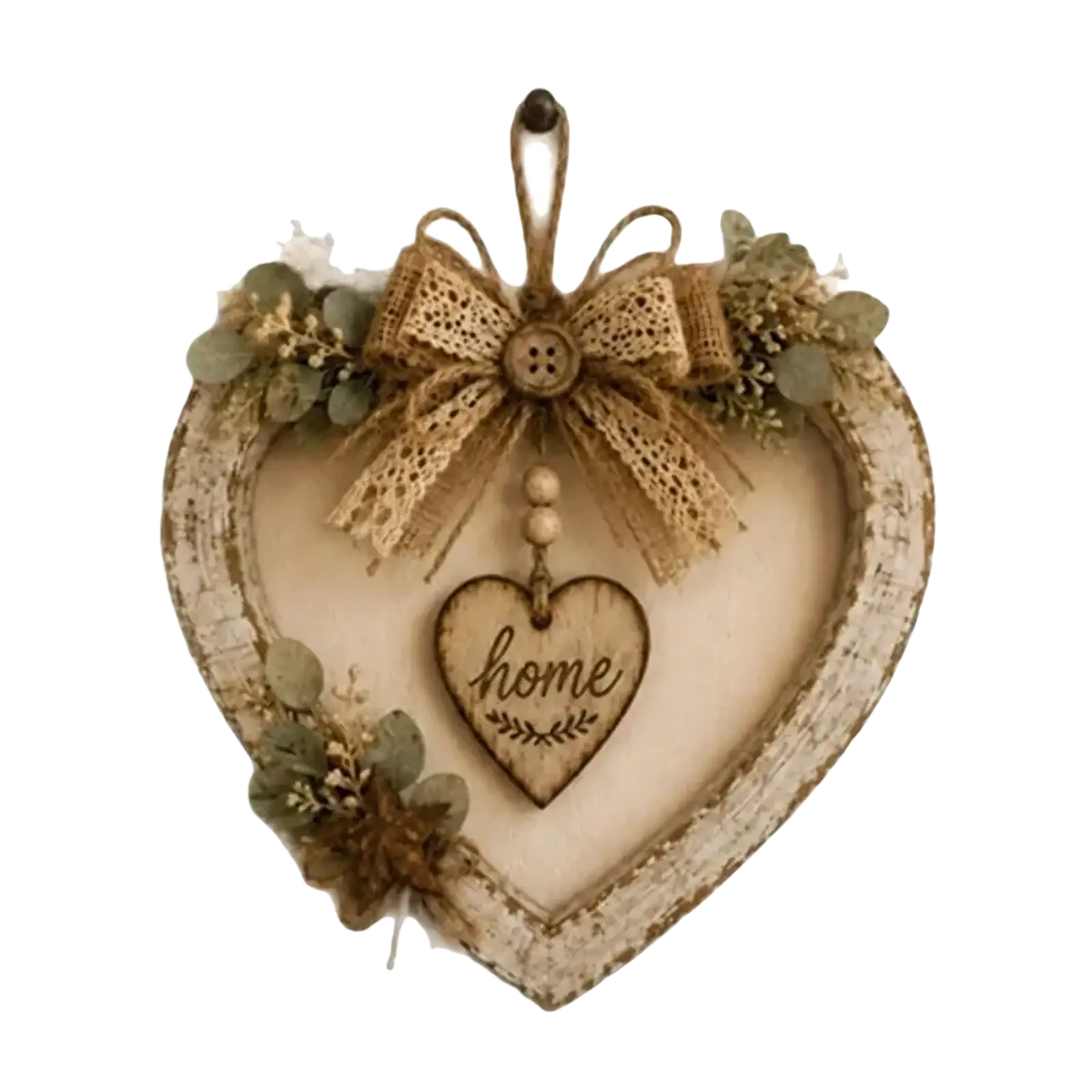 Rustic led heart wall plaque with distressed wood frame lace bow and greenery accents for home decor