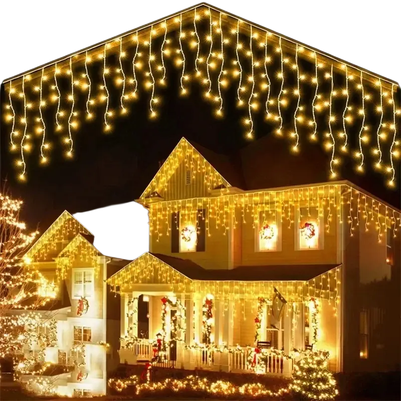 Led icicle string light outdoor home decoration with warm golden fairy string light for festive home decoration