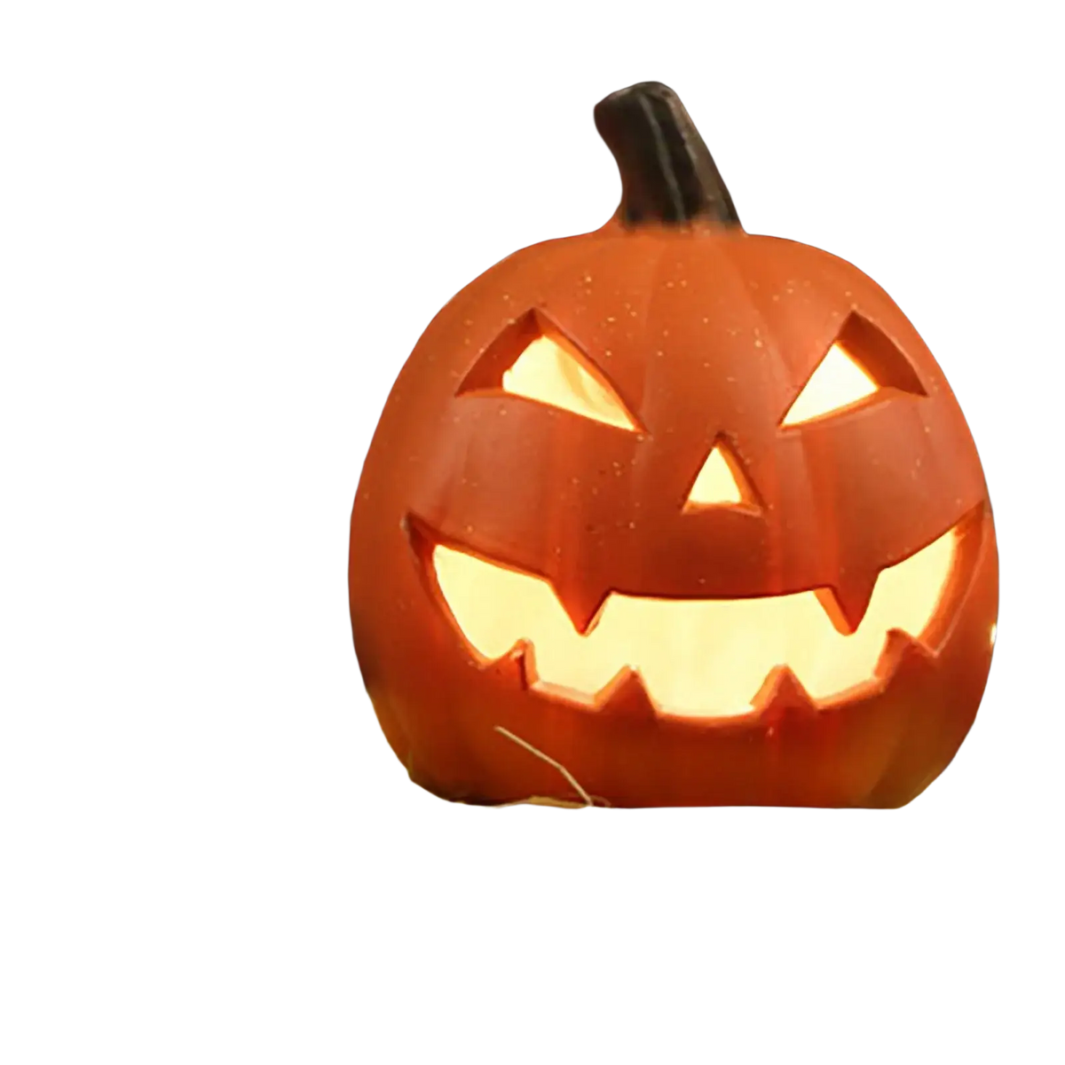 A glowing orange 10-inch led jack o lantern with carved evil face emitting warm light party decoration