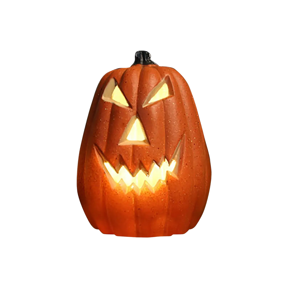A glowing orange led jack o lantern party decoration with a carved smiling face and illuminated yellow interior