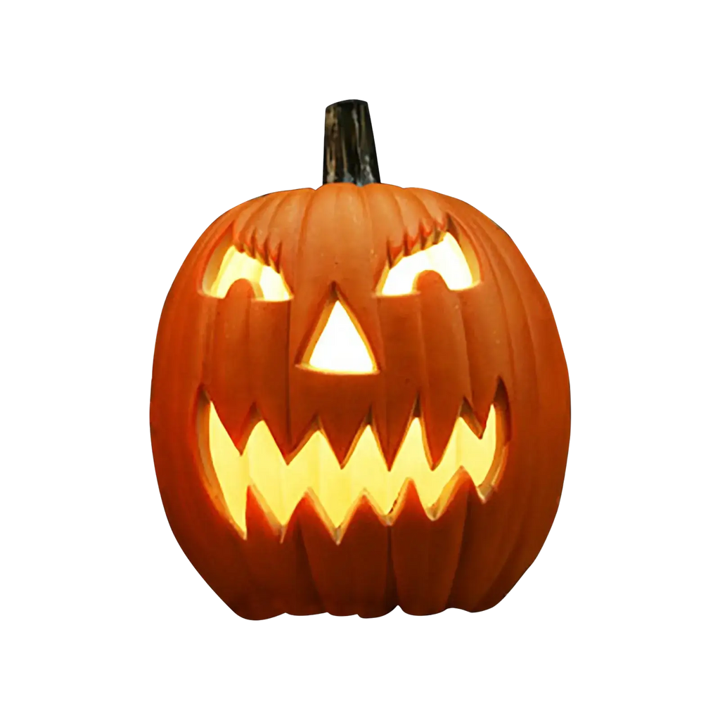 Orange led jack o lantern party decoration with carved triangular eyes and jagged teeth for halloween display