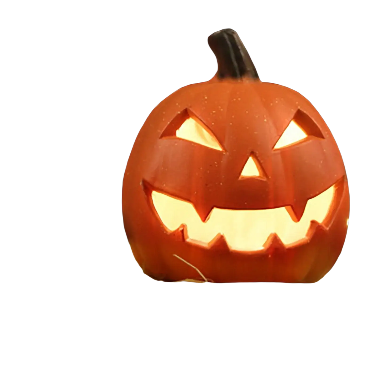 Orange plastic pumpkin led jack o lantern with carved evil face and glowing light party decoration