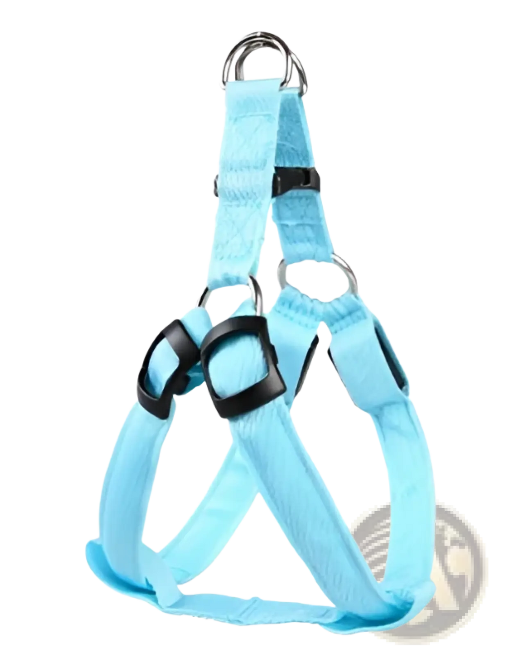 Light blue nylon led light up dog harness with black buckles and metal d-rings for glowing reflective safety