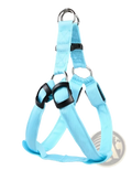 Light blue nylon led light up dog harness with black buckles and metal d-rings for glowing reflective safety