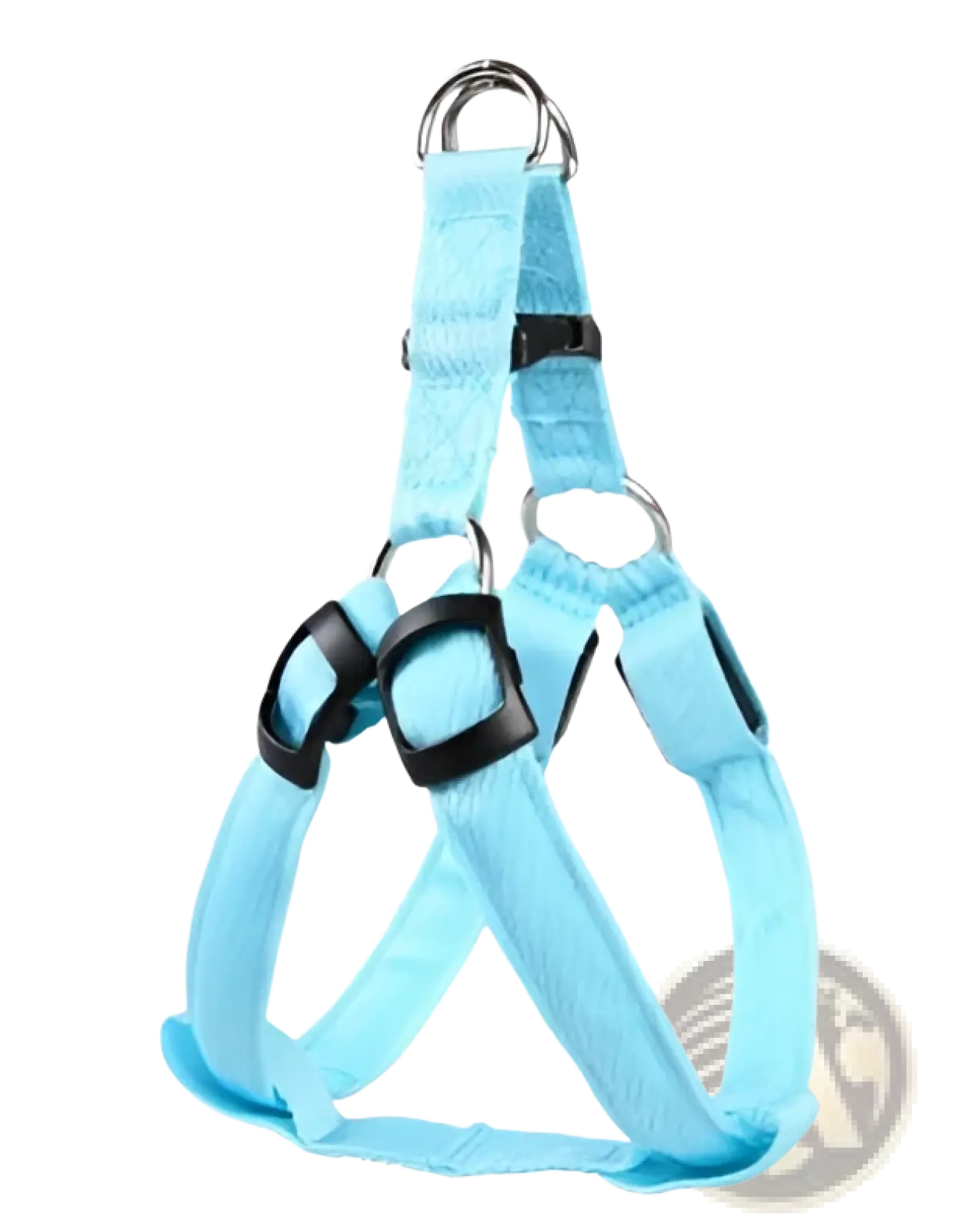 Light blue nylon led light up dog harness with black buckles and metal d-rings for glowing reflective safety