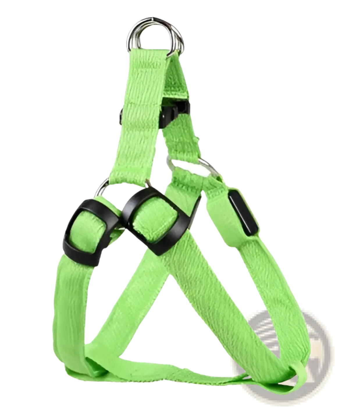 Bright lime green nylon led light up dog harness with black buckles and metal d-rings for glowing reflective safety