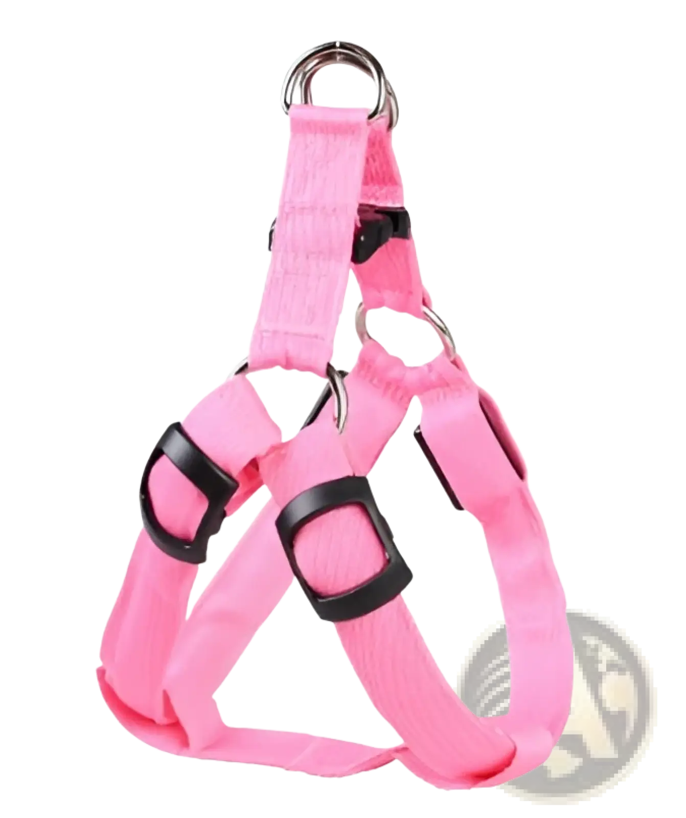 Pink nylon led light up dog harness with black buckles and metal d-rings glowing reflective pet chest strap