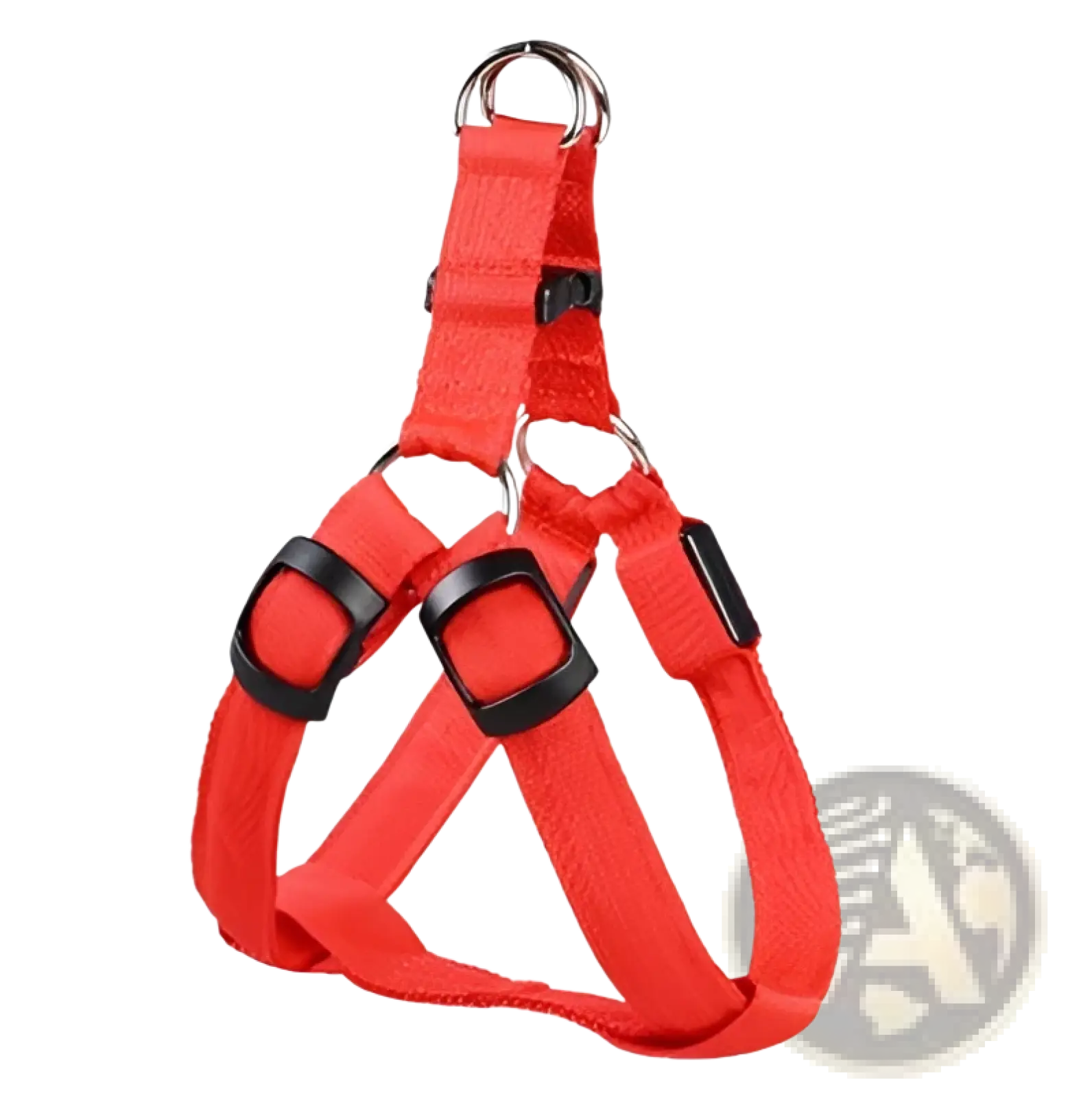 Red nylon led light up dog harness with black buckles and metal d-rings for glowing reflective safety