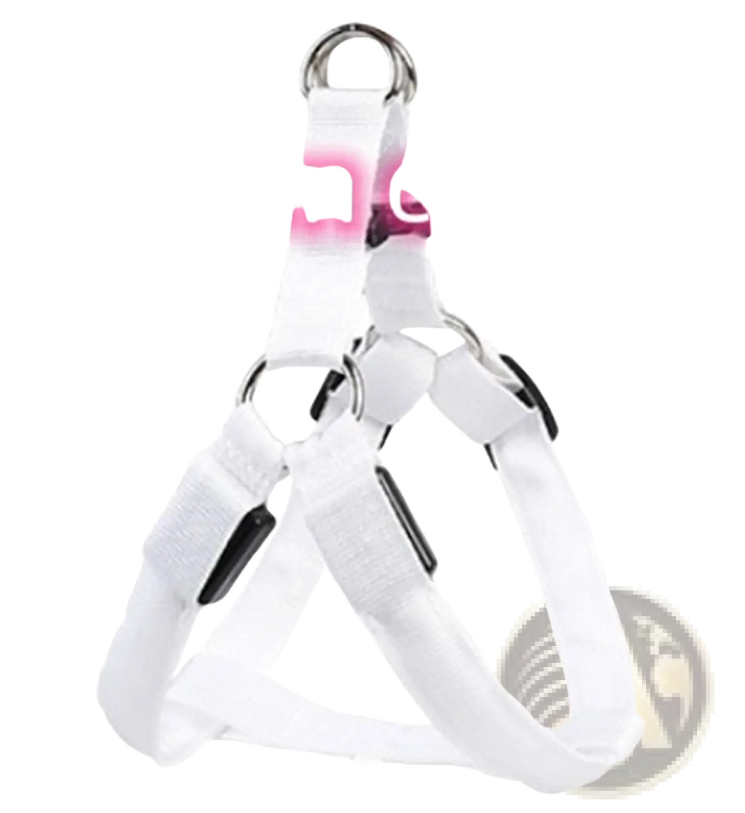 White nylon led light up dog harness with black buckles and silver d-rings glowing reflective chest strap
