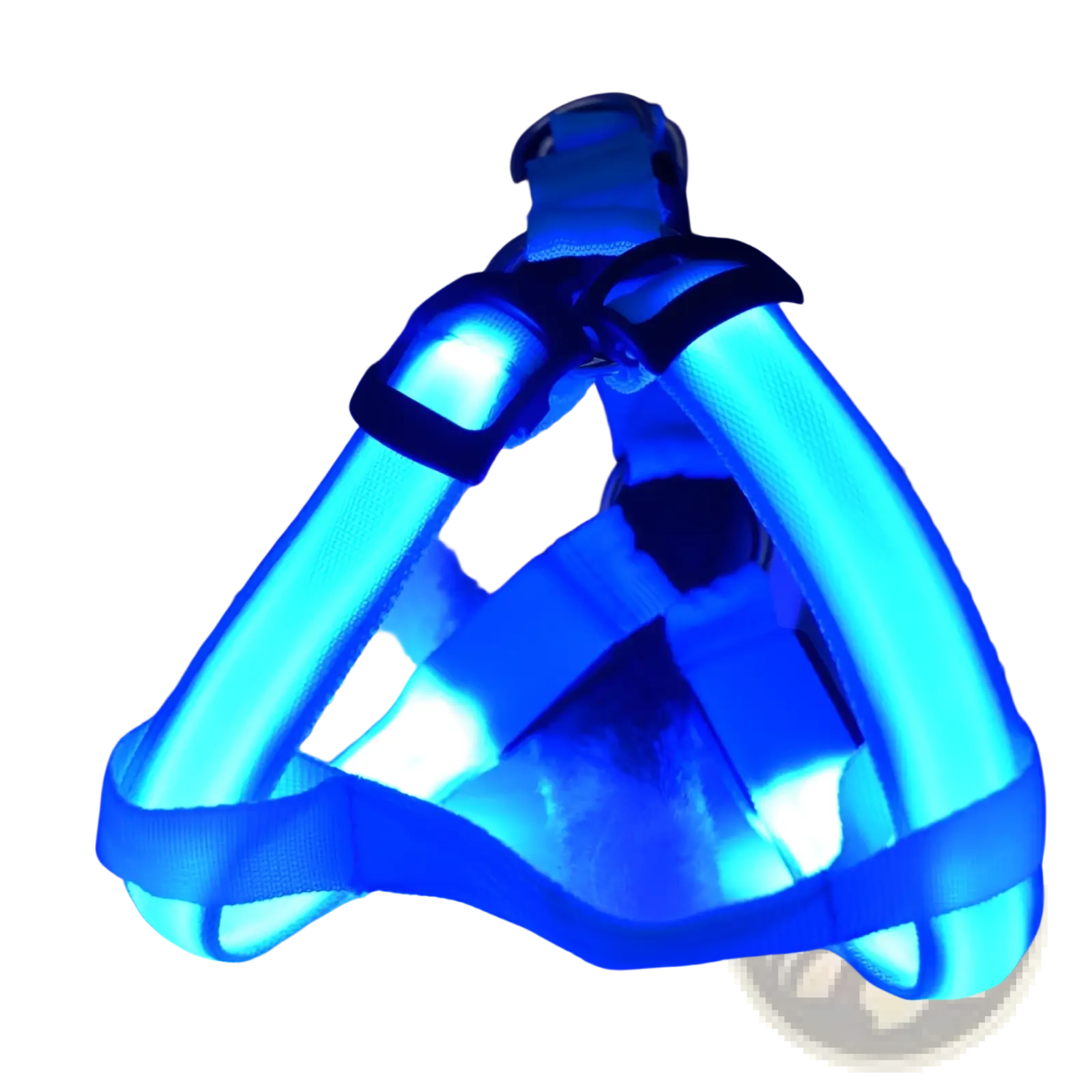 Blue led light up dog harness with glowing reflective straps and black adjustable buckles for pet safety
