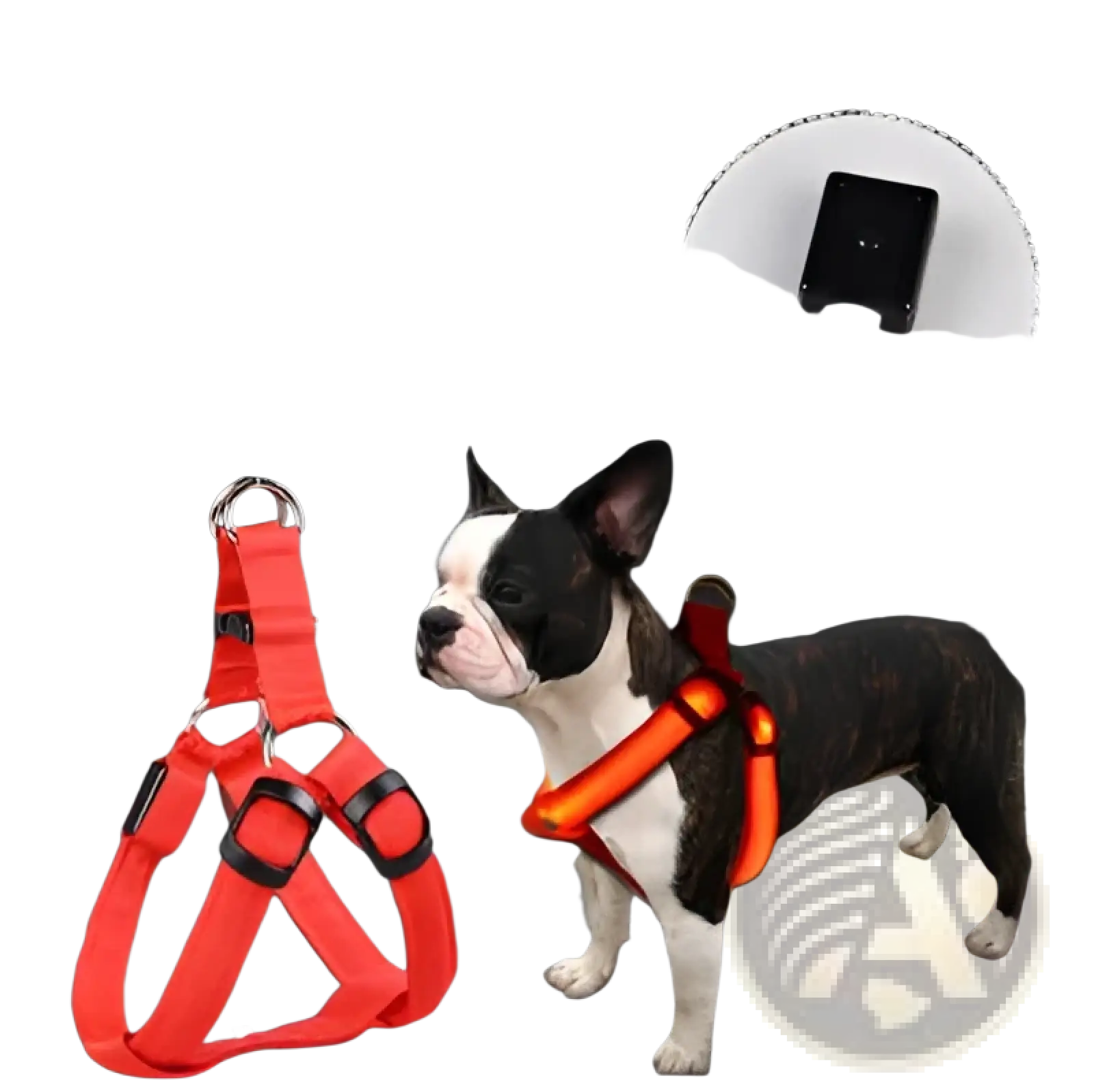 Red reflective dog harness with black plastic hardware and built-in led light for enhanced night visibility