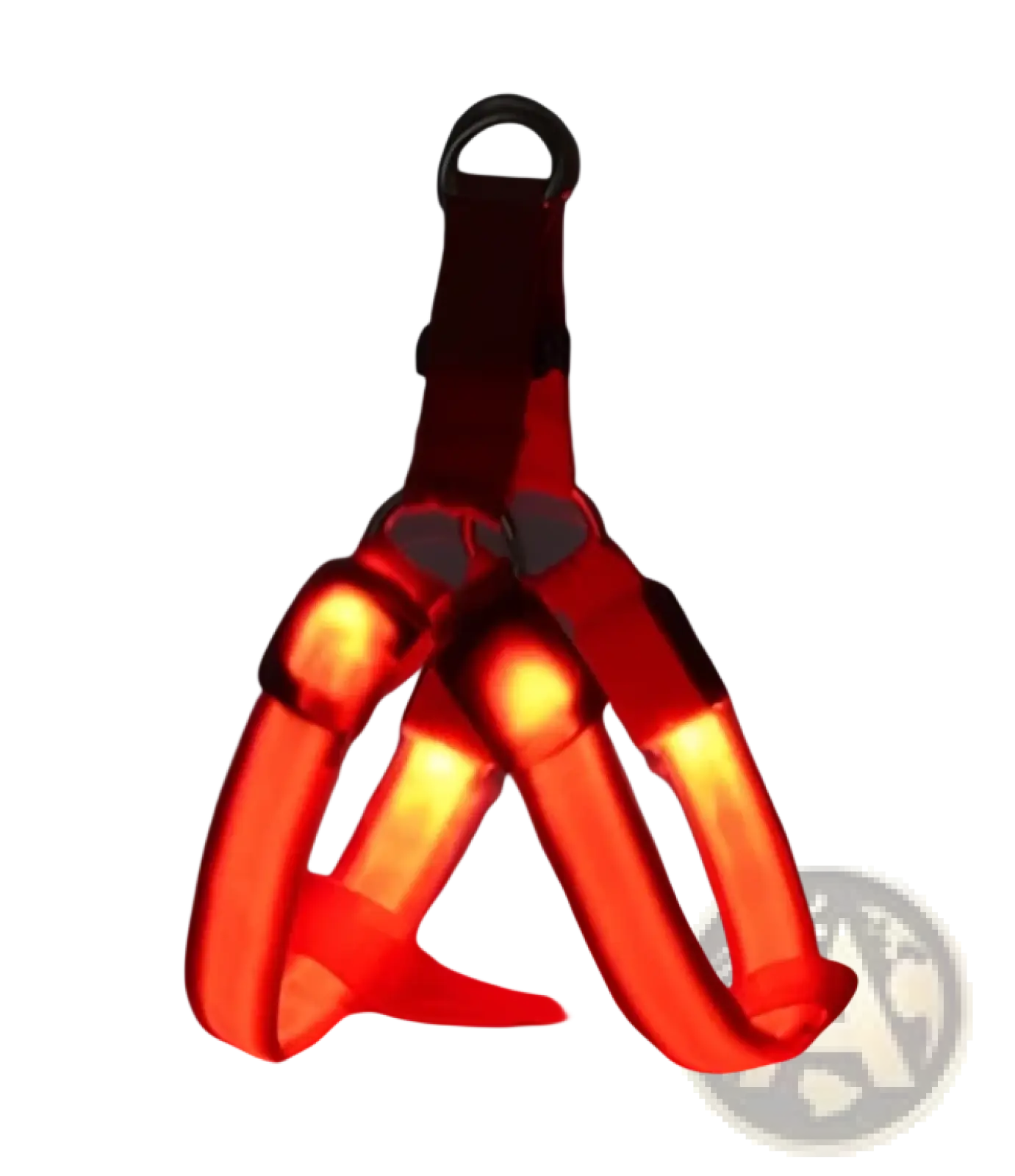 Red led light up dog harness with glowing reflective red straps and metal d-ring attachment for pet safety