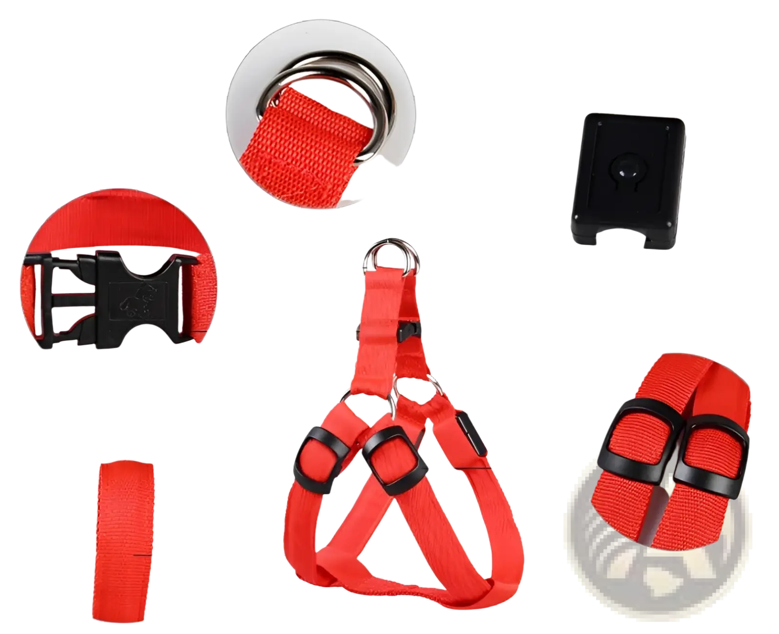 Red nylon led light up dog harness with black buckles and metal d-rings for glowing reflective pet safety