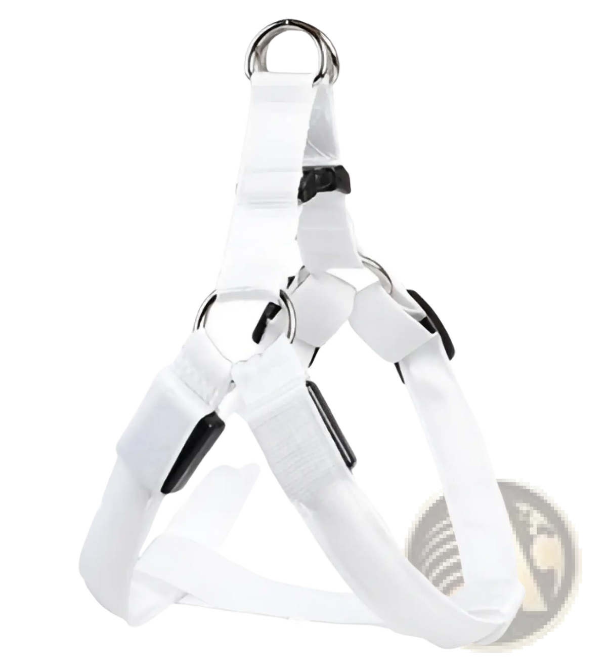 White nylon led light up dog harness with black buckles and metal d-rings for glowing reflective pet safety