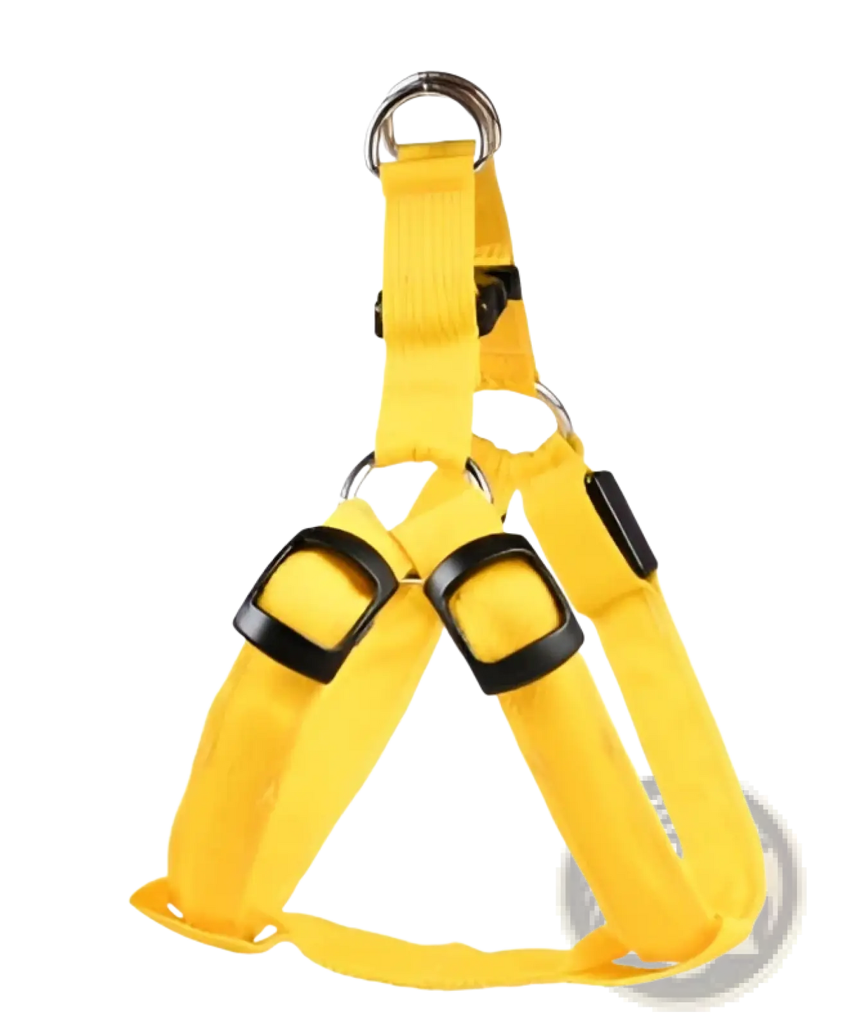 Bright yellow nylon led light up dog harness with black plastic buckles and metal d rings for pet safety