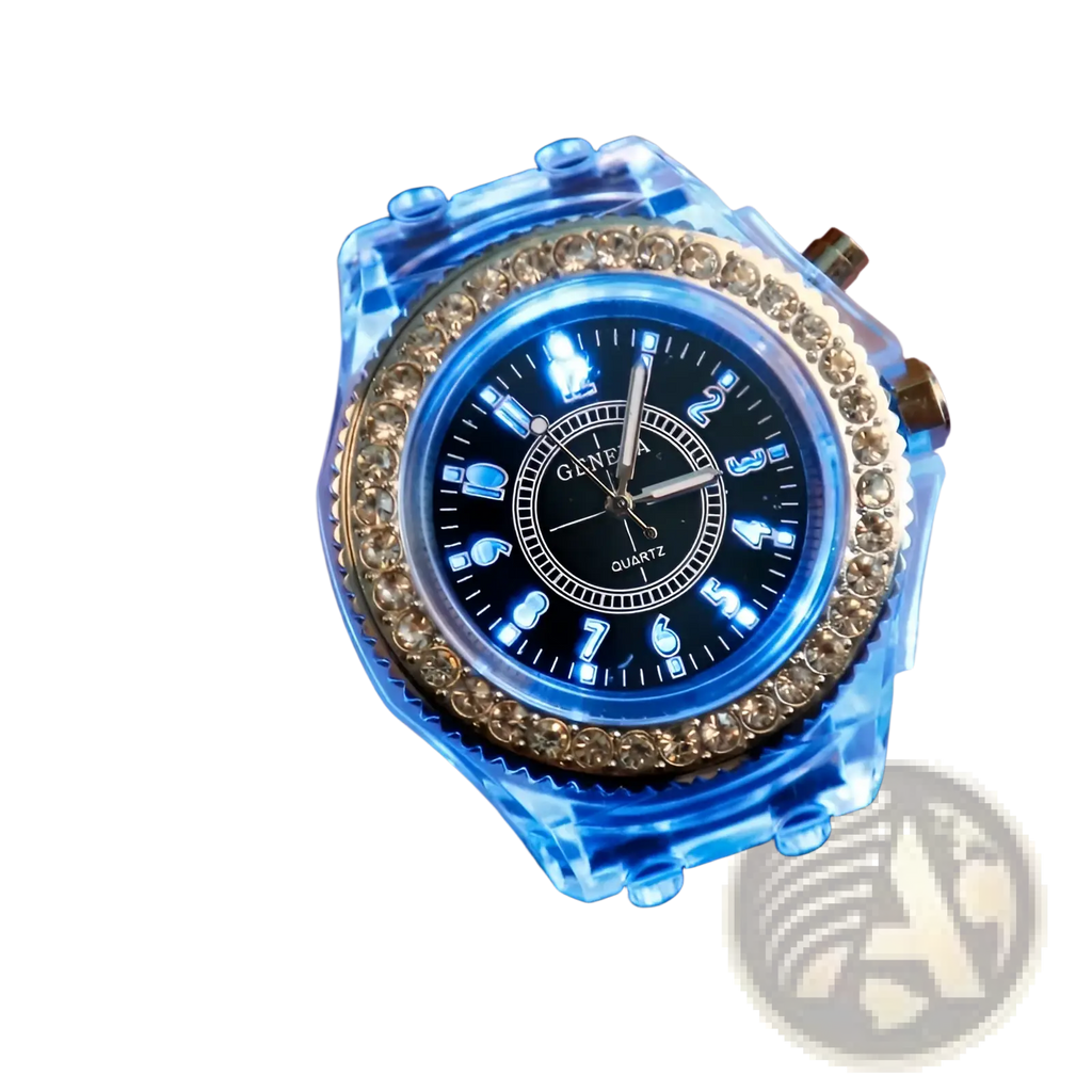 A glowing blue led luminous silicone watch with transparent case diamond-studded bezel and black dial with illuminated numerals