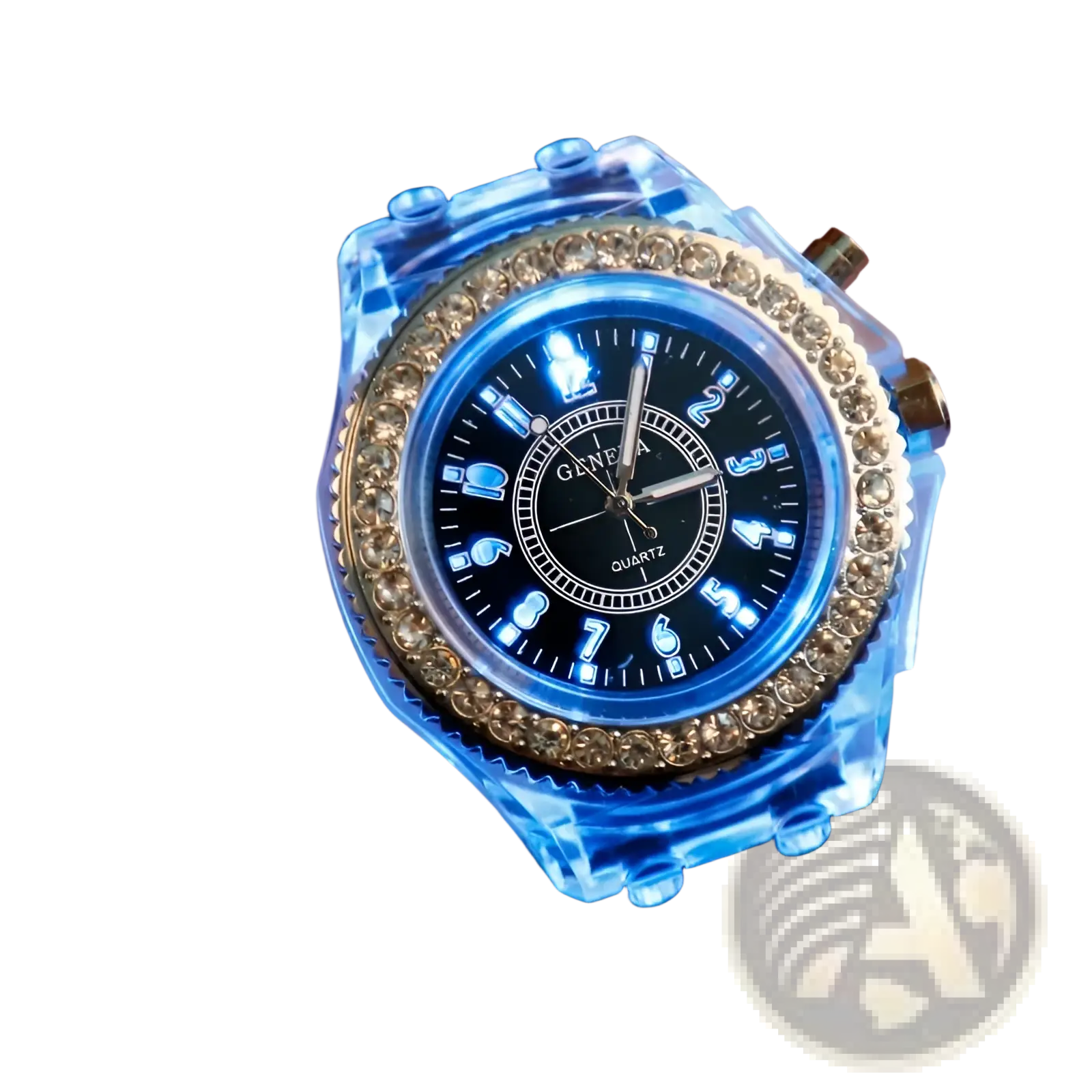 A glowing blue led luminous silicone watch with transparent case diamond-studded bezel and black dial with illuminated numerals