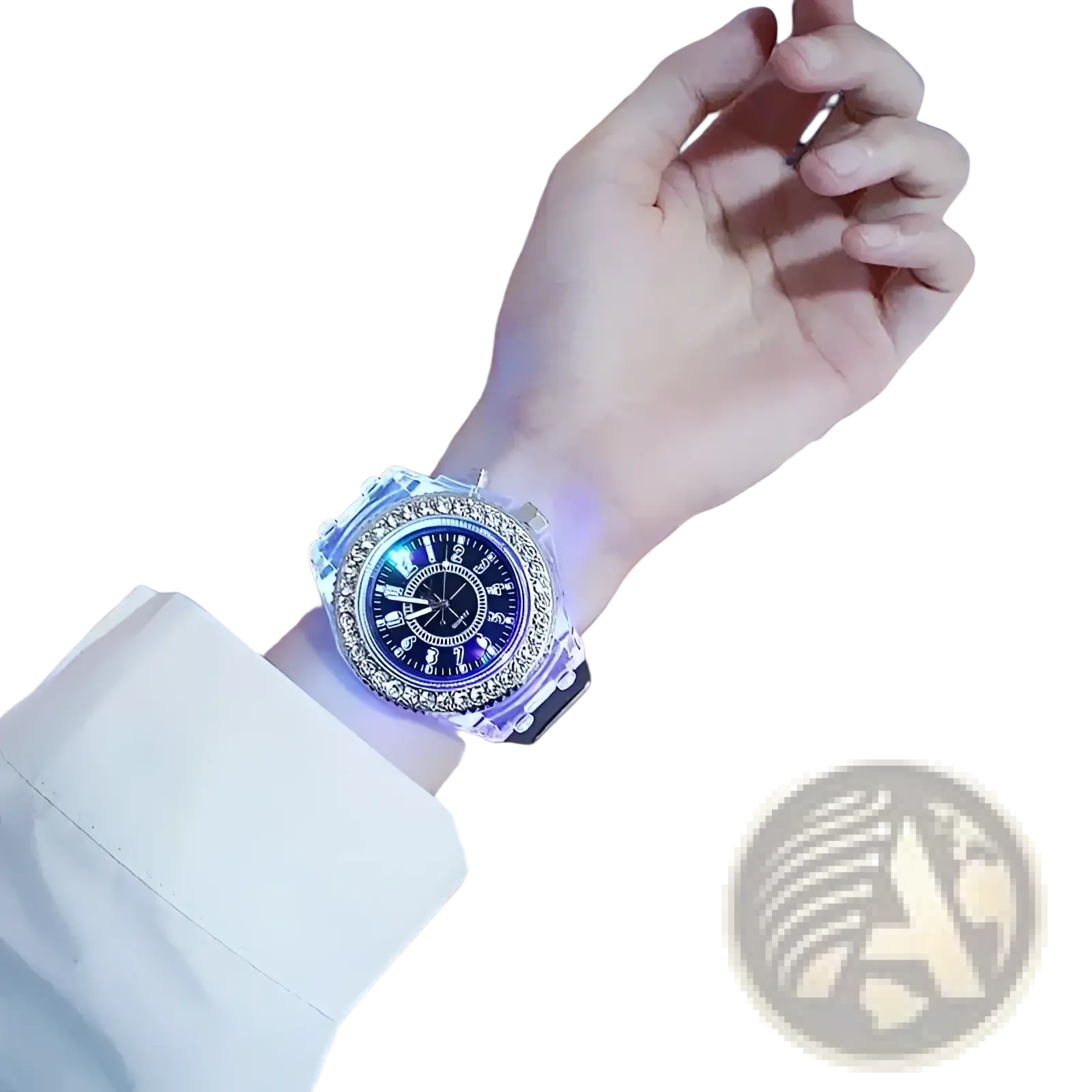 A dazzling blue led luminous silicone watch with transparent case and rhinestone bezel worn against urban night backdrop