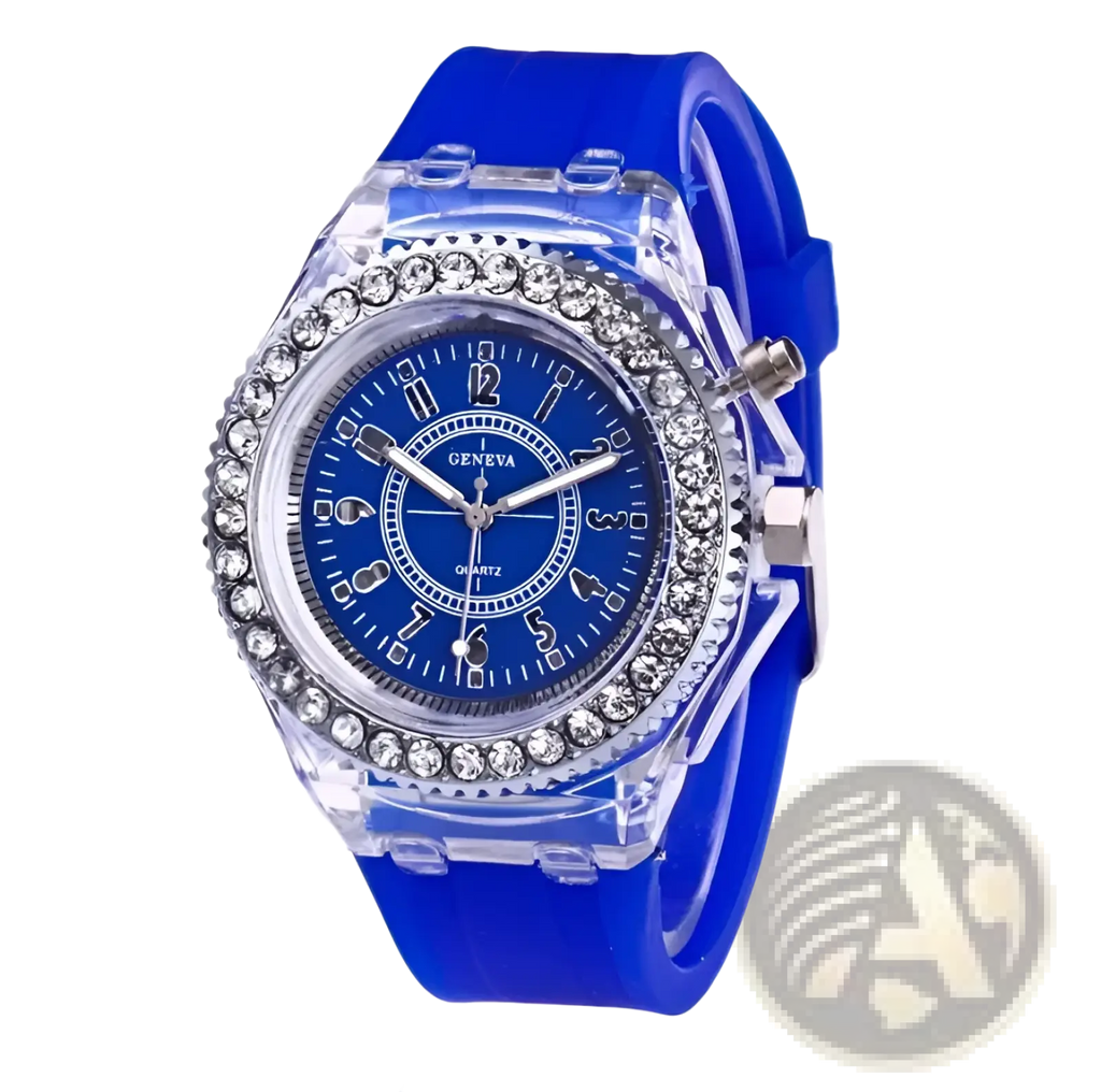 Led luminous silicone watch with blue silicone strap transparent crystal case and rhinestone digital timepiece bezel