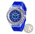Led luminous silicone watch with blue silicone strap transparent crystal case and rhinestone digital timepiece bezel