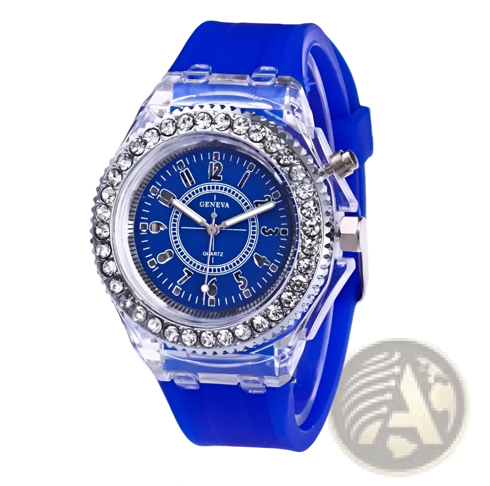 Led luminous silicone watch with blue silicone strap transparent crystal case and rhinestone digital timepiece bezel
