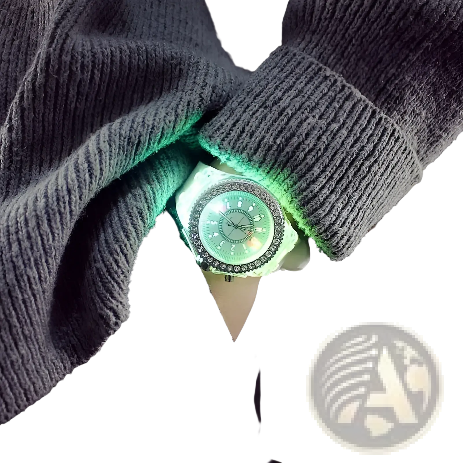 A led luminous silicone watch with a glowing green face and sparkling rhinestone bezel worn under a gray knitted sweater