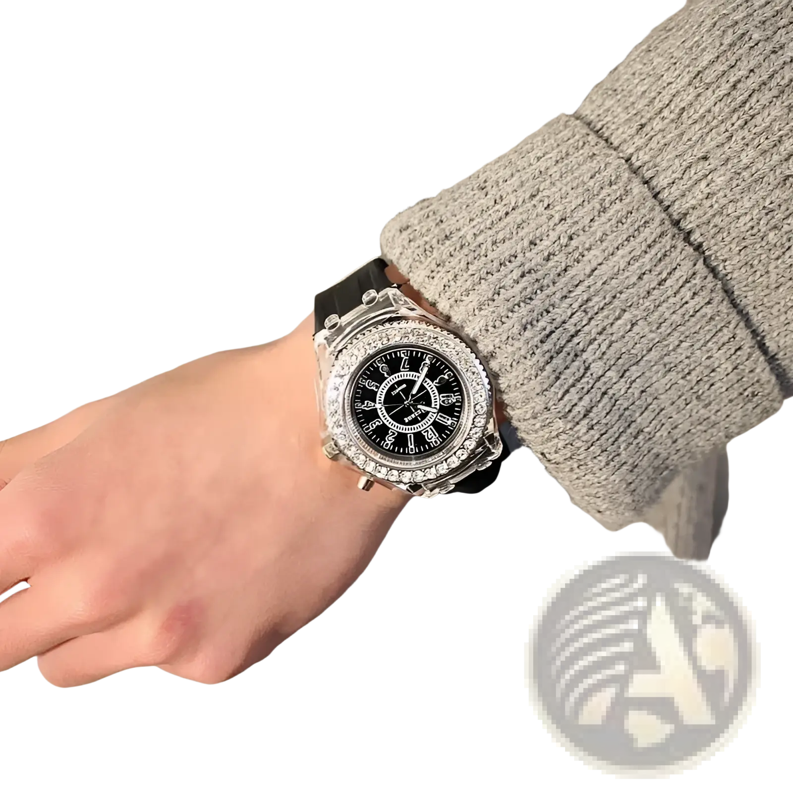 A luxurious silver-toned led luminous silicone watch with a black dial and diamond-encrusted bezel with black strap