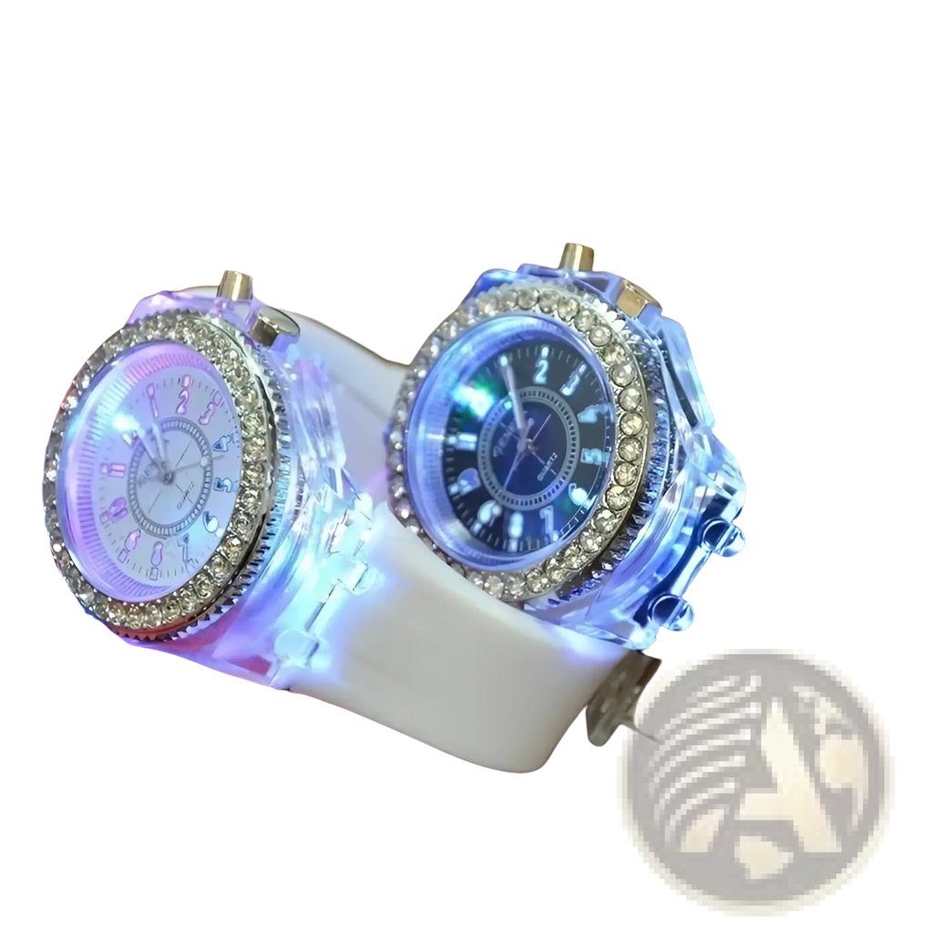 Two led luminous silicone watches with crystal-encrusted bezels in white and black faces and translucent casings