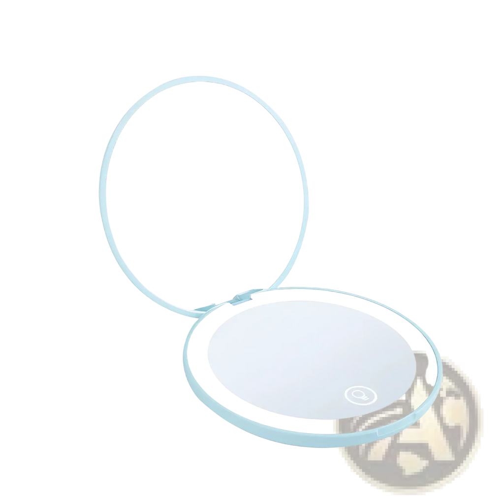 A sleek light blue led makeup mirror with 10x magnification and a glowing led ring for portable use