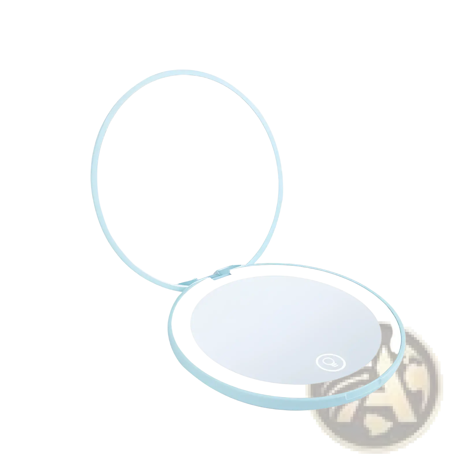 A sleek light blue led makeup mirror with 10x magnification and a glowing led ring for portable use