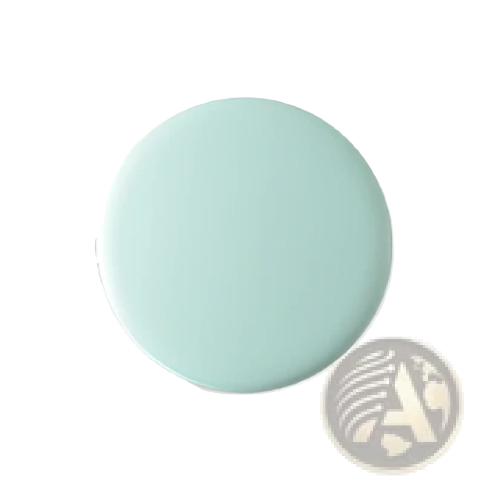 A smooth round mint green glossy button on the led makeup mirror with 10x magnification and portable light