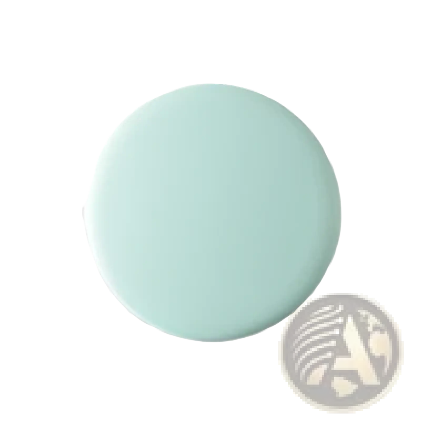 A smooth light mint green circular button with a glossy finish on a led makeup mirror 10x magnification portable light