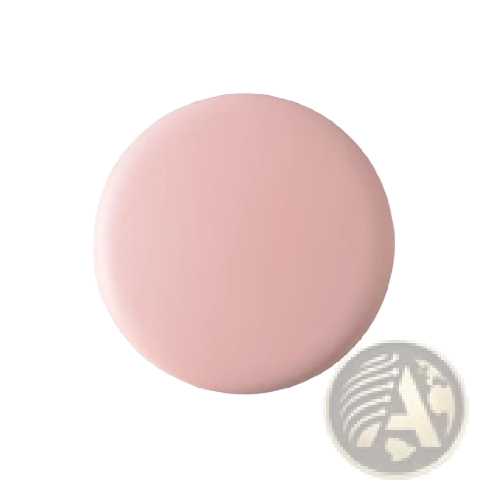 A smooth matte blush pink circular button on the back of a led makeup mirror with 10x magnification and portable light