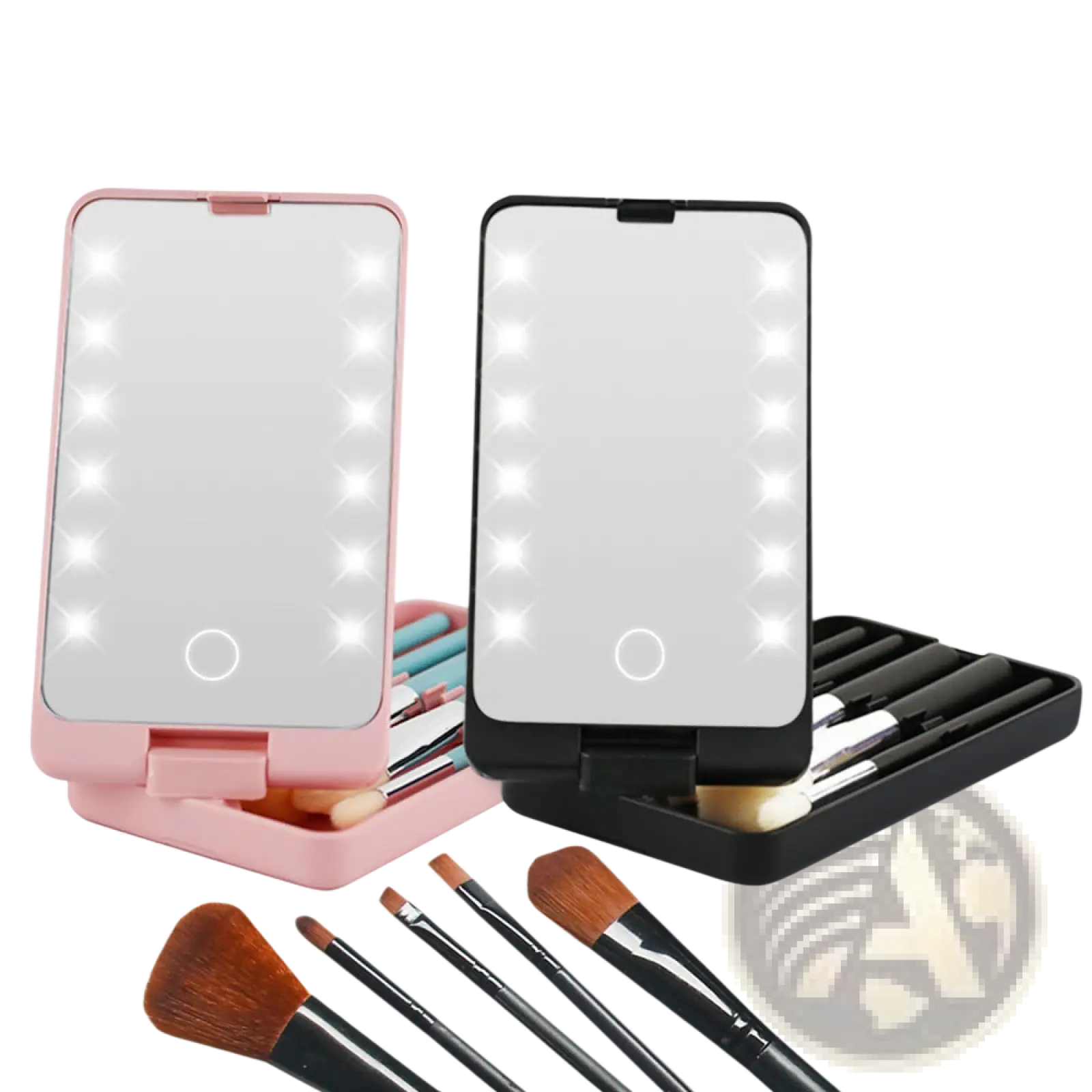 Led makeup mirrors in pink and black with led lighting and built-in brush holders in a folding brush set case