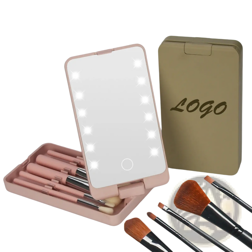Pink led makeup compact mirror with folding brush set case featuring led lights around edge and circular button