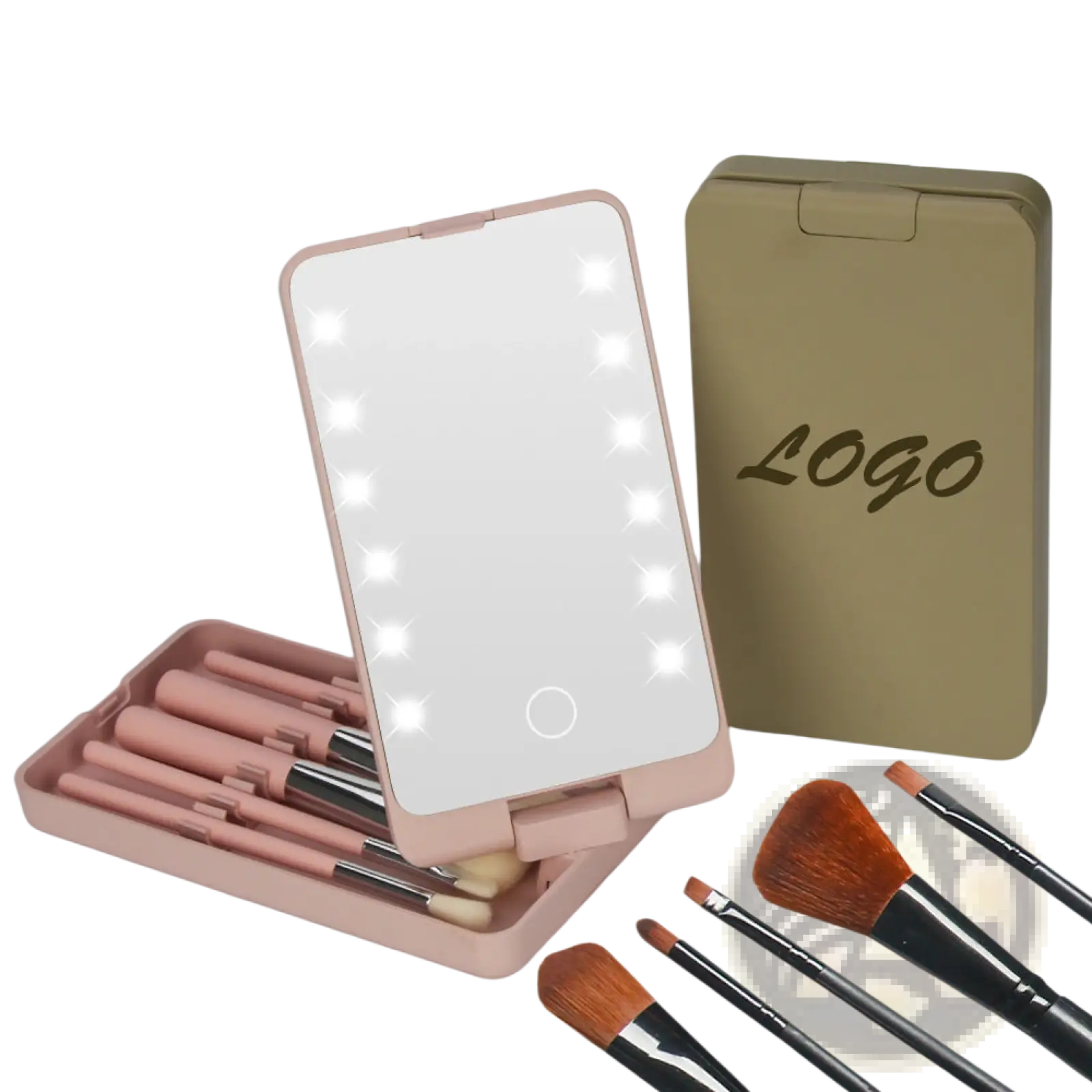 Pink led makeup compact mirror with folding brush set case featuring led lights around edge and circular button