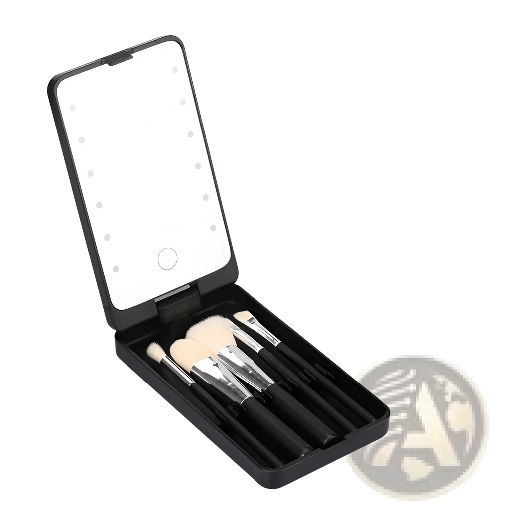 Black compact led makeup mirror with folding case containing five black handled makeup brushes for travel use