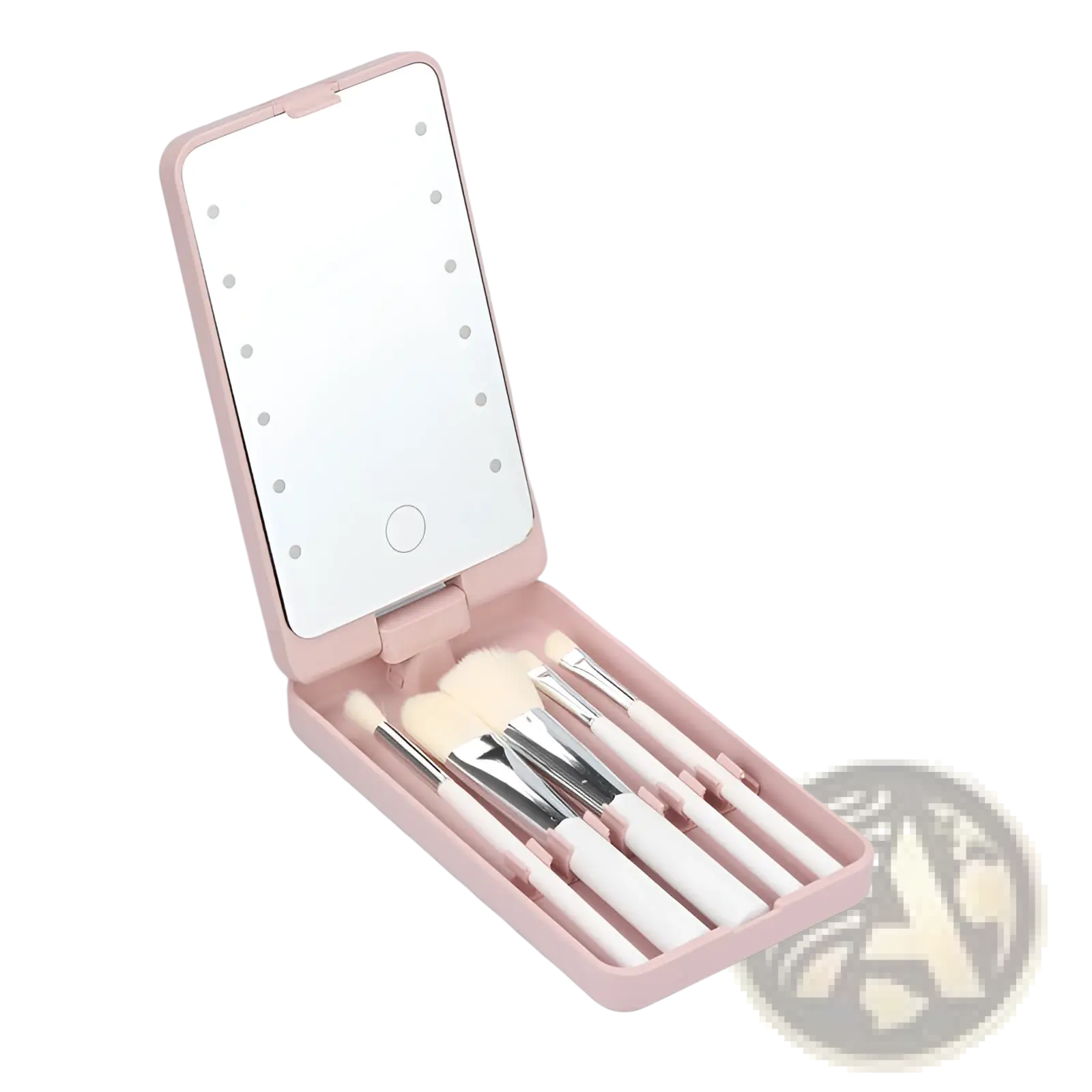 Pink compact led makeup mirror with folding brush set case featuring a mirrored lid with embedded led lights